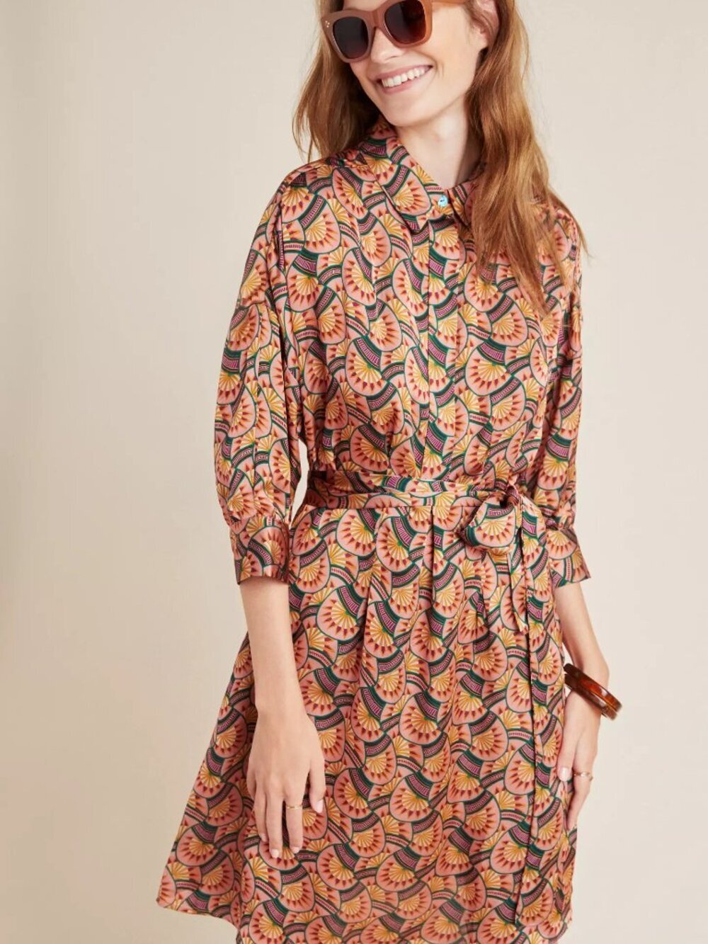 Anthropologie Eva Franco Edeline Shirtdress Art Deco Fan Print Pink Size 0 NWT
